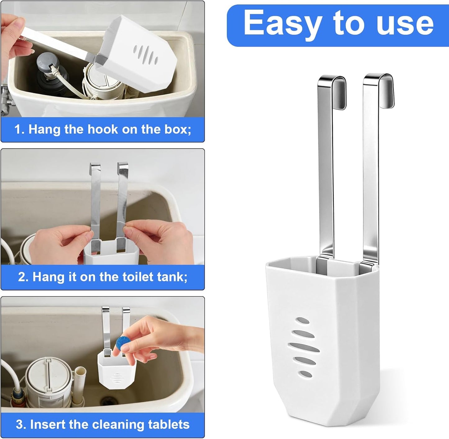 Penitue 2pcs Toilet Tank Cleaning Tablet Holder, Plastic Hanging Cleaner Caddy Bracket with Stainless Steel Hook Fits Most Standard Toilet Tanks