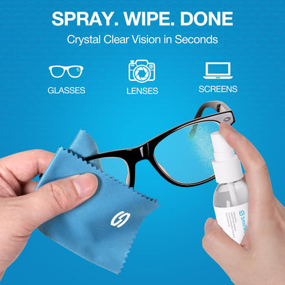 SmoTecQ Glasses Cleaner Kit – Alcohol-Free, Plant-Based Spray + Ultra-Soft Microfiber Cloths for Eyeglasses, Screens & Cameras – 2 x 2oz Spray Bottles + 2 Cloths + Travel Pouch Set
