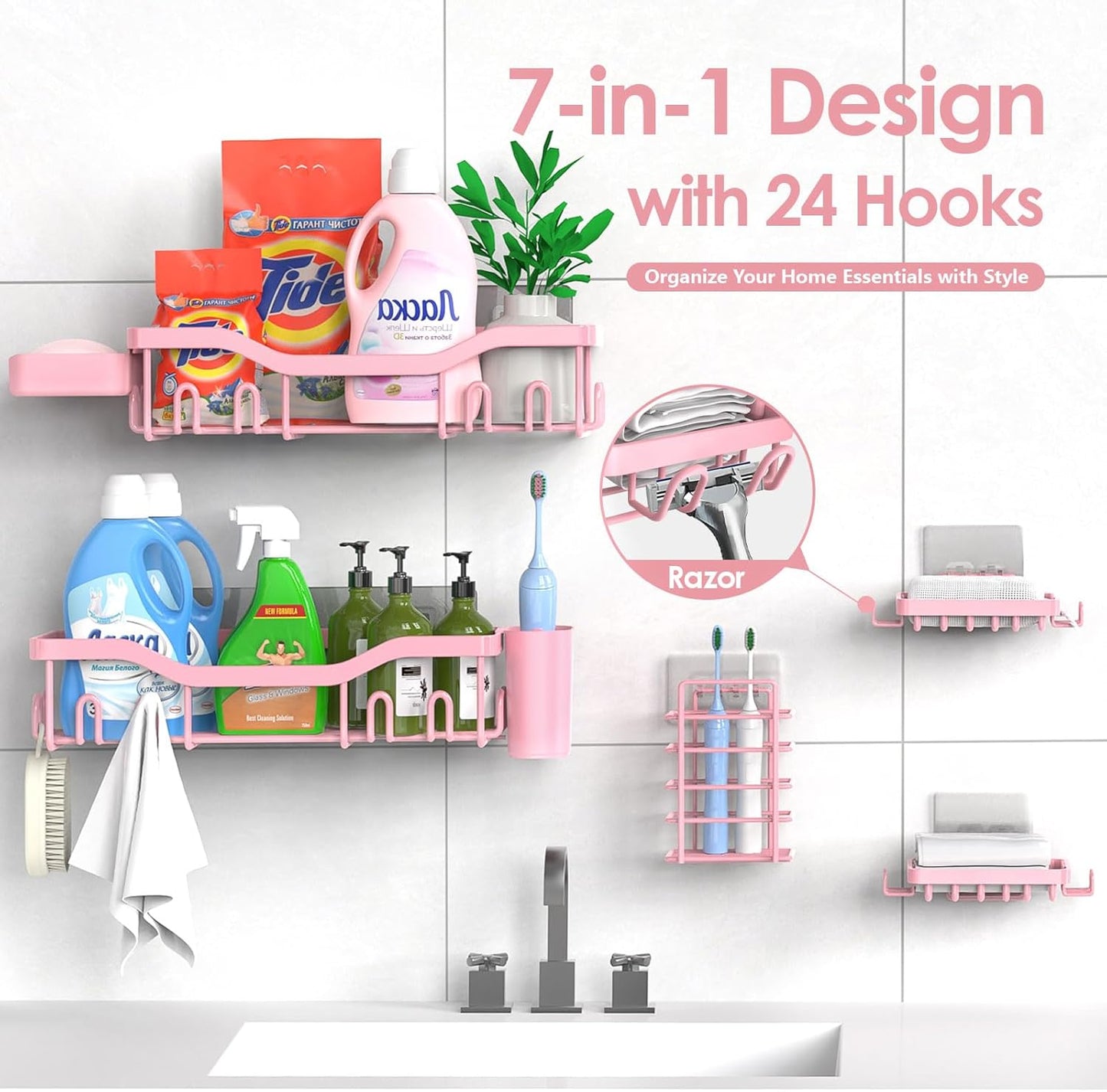 NESOMI Shower Caddy Adhesive Shower Organizer 7-Pack, Rustproof Stainless Steel Bathroom Shelves, Large Capacity No-Drill Rack Storage Accessories with Soap Dish Toothbrush Holder &24 Hooks Home Decor