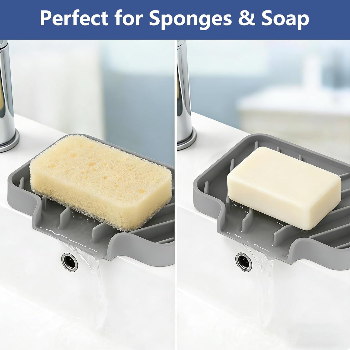 JACZZO Silicone Sponge Holder for Kitchen Sink With Drain Spout, Self Draining, Kitchen Soap Tray, Bathroom Organizer, Sink Caddy (Grey, 10×4)