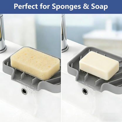 JACZZO Silicone Sponge Holder for Kitchen Sink With Drain Spout, Self Draining, Kitchen Soap Tray, Bathroom Organizer, Sink Caddy (Grey, 10×4)