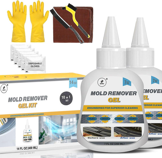 Household Mol-d Remover Gel - Stain Cleaning Gel Kit – 14 FL Oz / 10 in 1 Premium Cleaning – for Washing Machine Seals, Tile Grout, Bathroom, Kitchen, Sink – Includes Brushes, Cloth & Gloves