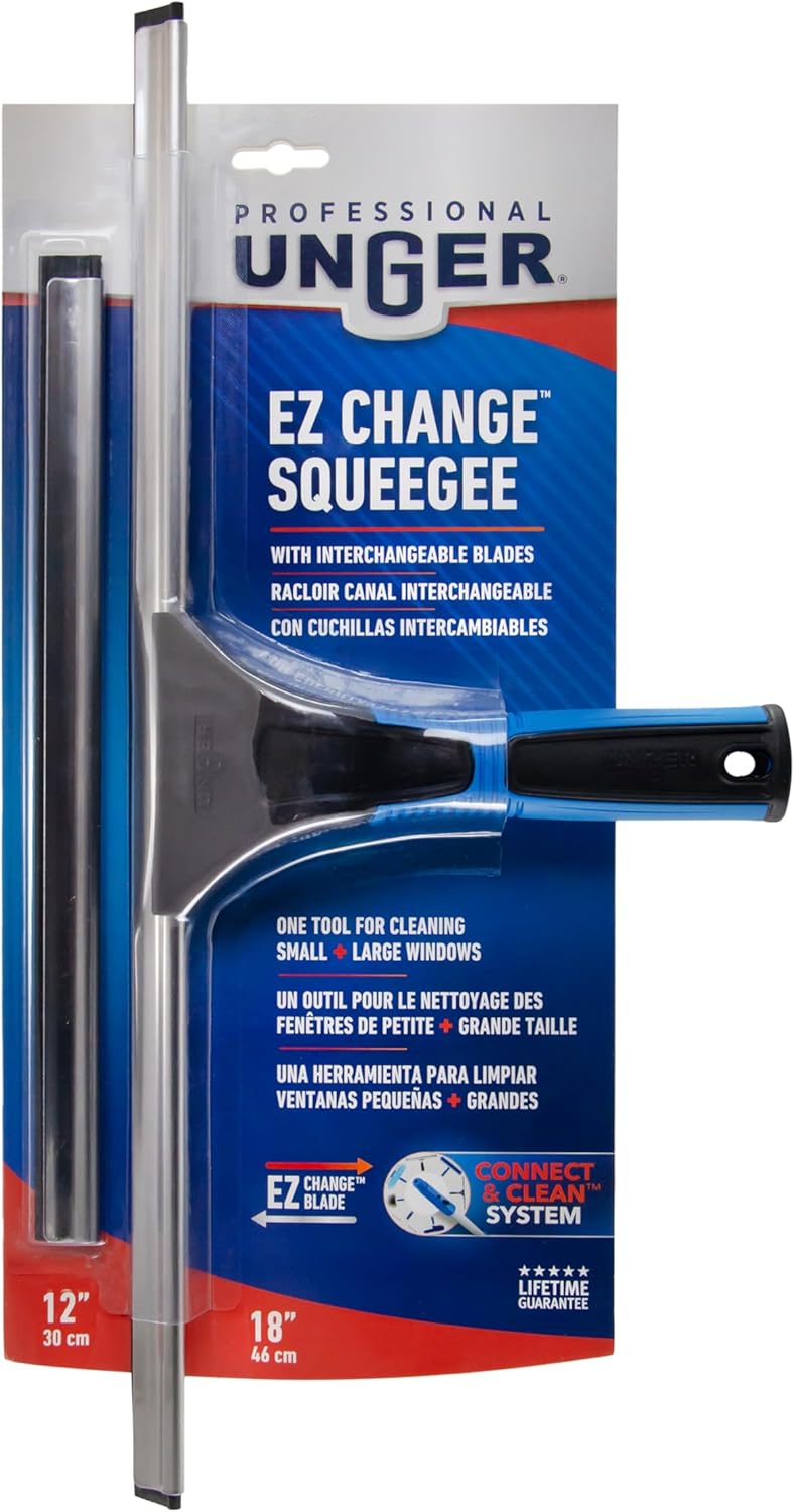 Unger Professional Connect and Clean 18” EZ Change Window and Glass Cleaning Squeegee, Large and Small Windows, Rubber Blade Tool for Streak-Free Results, Includes 12” Channel