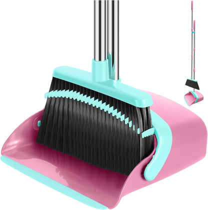 NACENA Broom and Dustpan Set, 52-in Long Adjustable Handle Broom Dustpan Combo with Dustpan Teeth to Automatically Clean Hair Suitable for Home Kitchen Office Hall Floor（Black&Red）