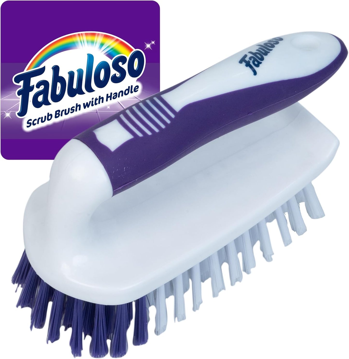 Fabuloso Cleaning Brush with Handle, Compact Handheld Household Scrub Brush for Kitchen, Bathroom, Baseboards, Tile and Floors, Firm Bristles for Indoor Surface Cleaning, White and Purple, 5.5 Inch