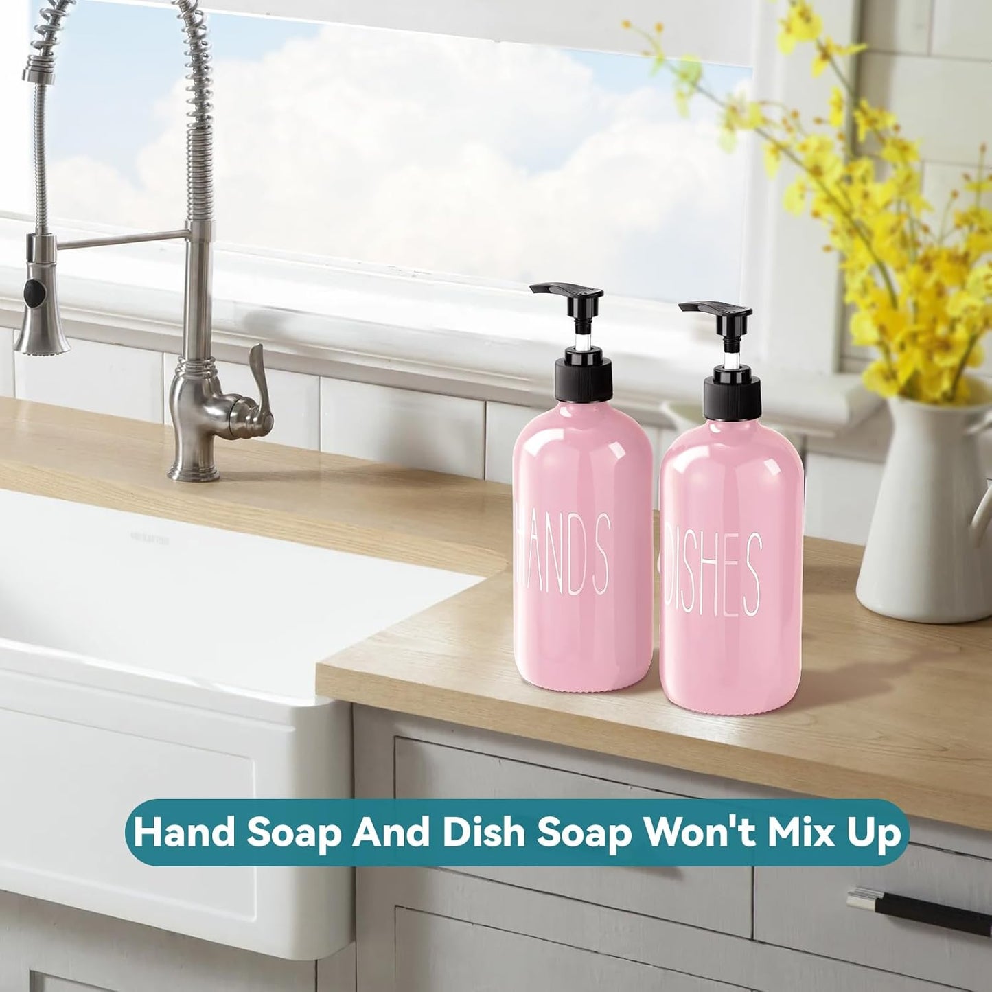 COHOSEGE Glass Soap Dispenser Set 2 Pack,Contains Hand and Dish Soap Dispenser.Premium 16 Oz Black Kitchen Soap Dispenser Set for Kitchen Sink and Farmhouse Decor