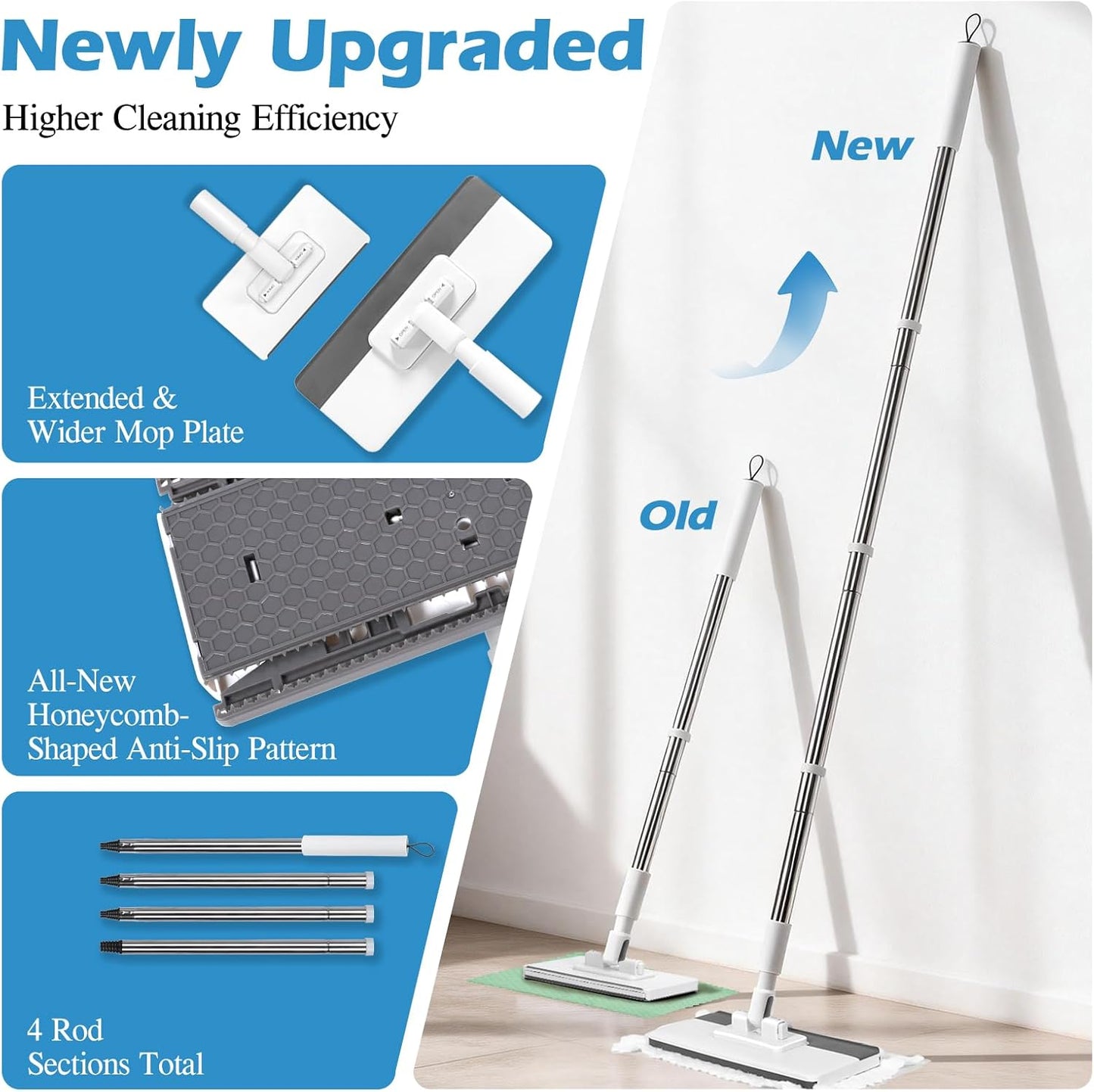Mops for Floor Cleaning, Masthome Flat Dust Mop with 4 Reusable Pads, 2-Sided Microfiber Dust Mop for Wet & Dry Use, Flat Flip Mops for Hardwood, Laminate, Vinyl,Kitchen, Tile -1 Scraper