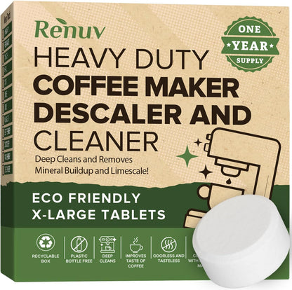 Renuv® Heavy Duty Dishwasher Cleaner & Deodorizer Tablets, Descaler, Deep Cleaning, Natural Odor & Smell Remover, Calcium, Limescale, Hard Water Marks, Grease, Septic Safe Pods (12 Tabs 1 Yr Supply)