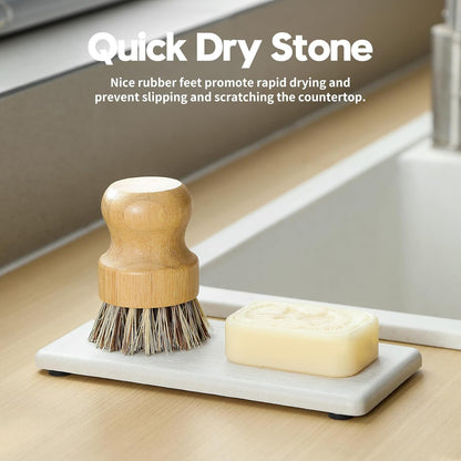 2PCS Water Absorbing Stone Drying Tray for Kitchen Counter & Bathroom Sink, Diatomite Faucet Splash Guard, Soap Dispenser Rack & Sponge Holder Caddy Organizer, Marble White (Printed Pattern), 9"x 3.5"