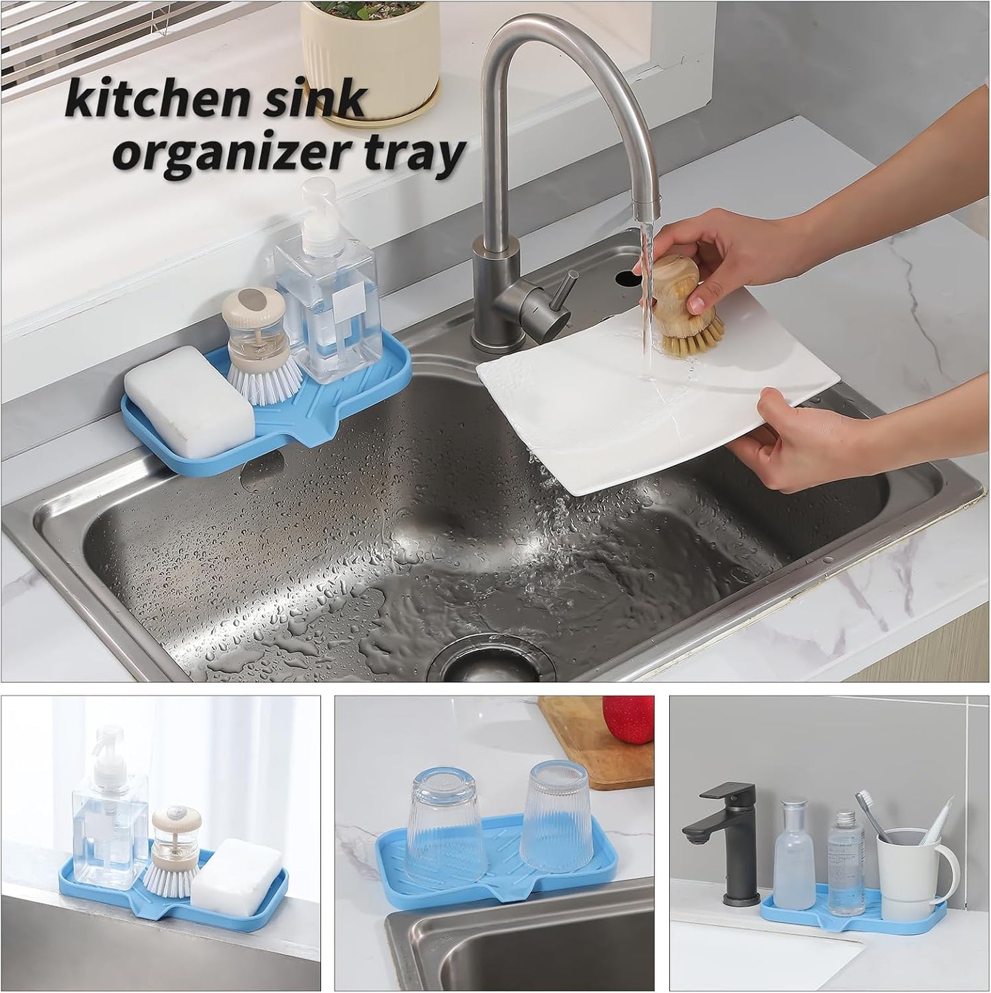MicoYang Silicone Bathroom Soap Dishes with Drain Spout-Bathroom and Kitchen Sink Organizer,Sponge Holder,Dish Soap Tray,Perfect for Dispenser,Scrubber,Bottle,Cup on Sink or Counter-Black 4.9"×3.2"