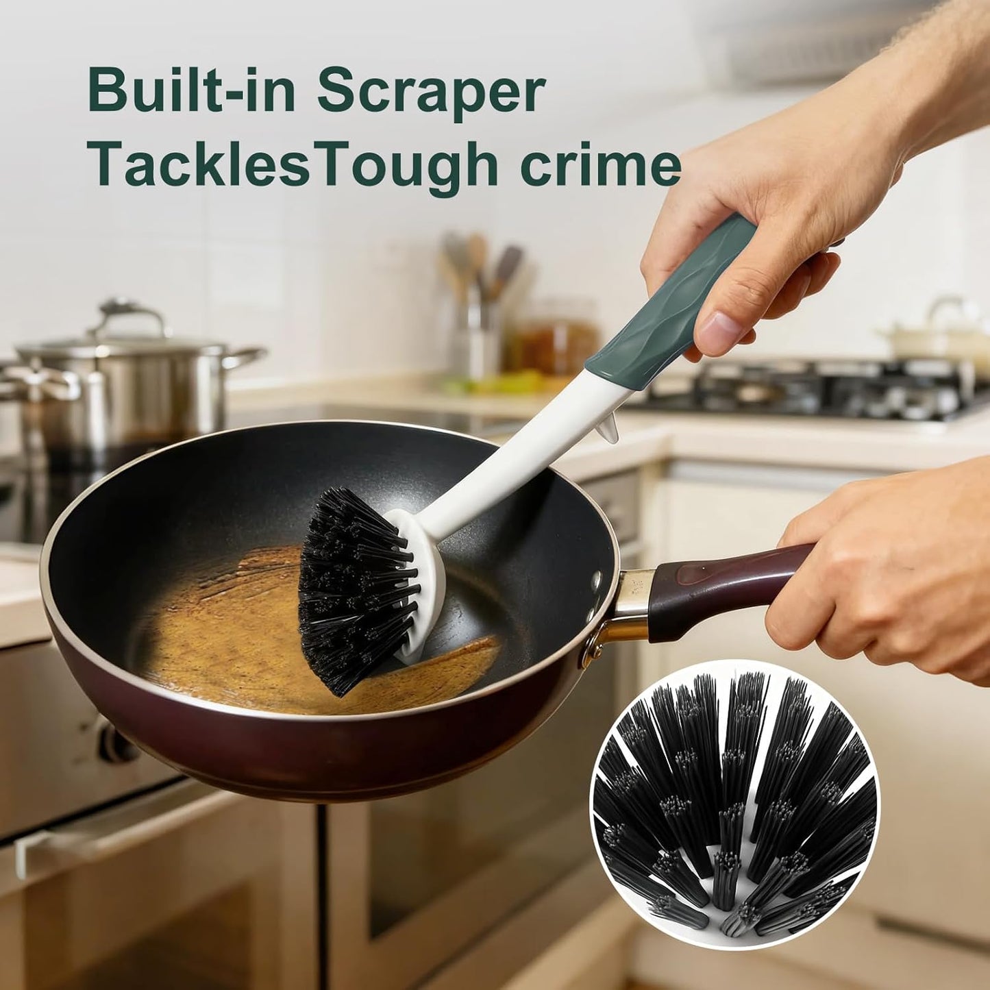 Dish Brush, 2 Pack with Comfortable Handle, with Built-in Scraper, Scrub Brush with Medium Firm bristles for Cleaning Dishes, Sink, Pots (Brown)