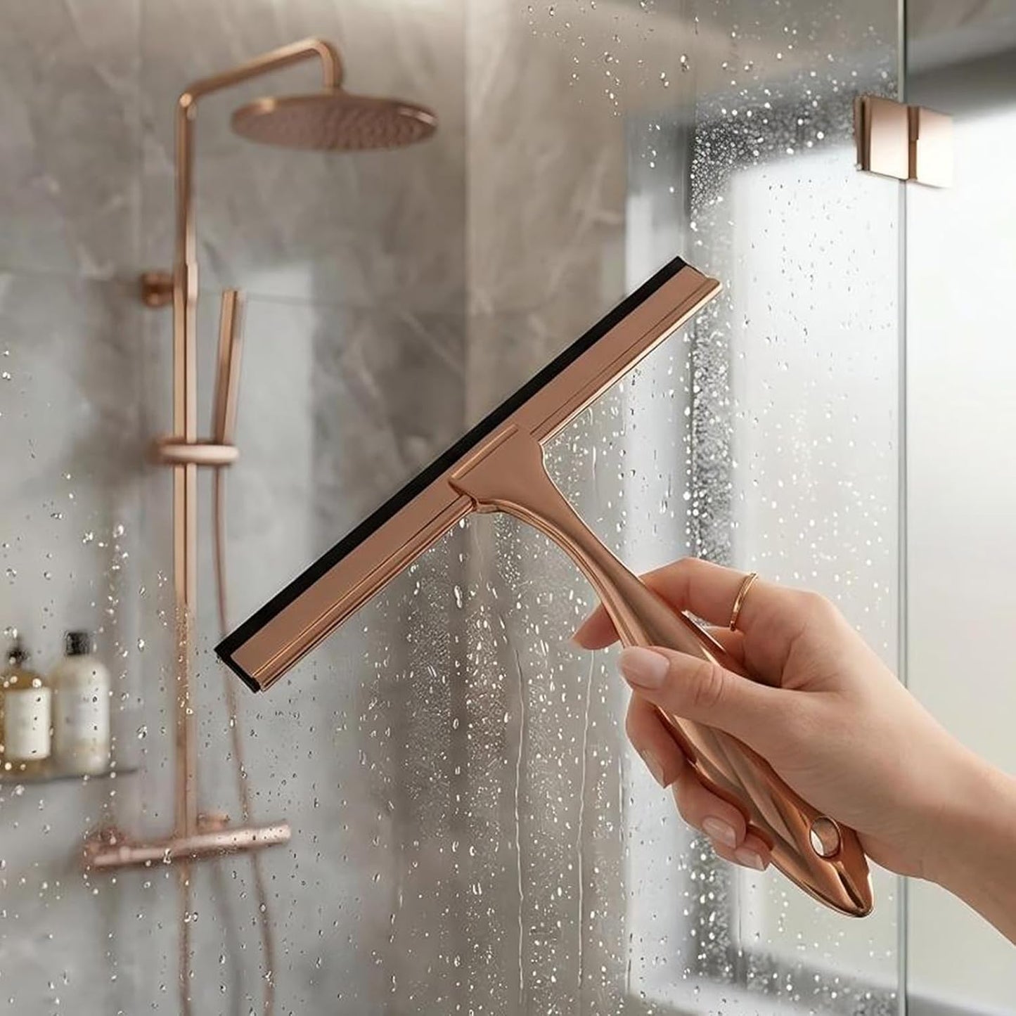9.6 Inches All-Purpose Silicone Squeegee for Shower Doors with Adhesive Hook. Window Shower Cleaner Tool Suitable for Shower Glass Doors, Bathroom, Window and Car Glass.Rose Gold