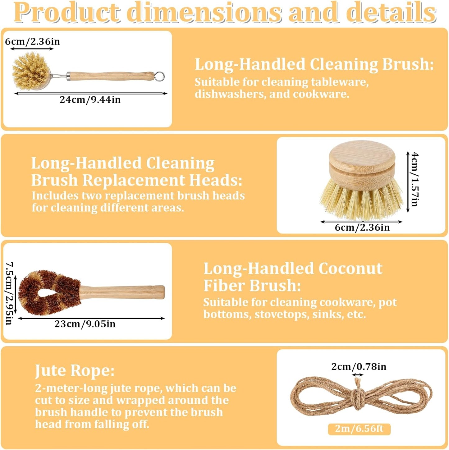 9 Pcs Bamboo Dish Brush Set Wooden Dish Brush with Sisal and Palm Fiber Natural Wooden Kitchen Brushs Practical Dishs Cleaning Brushs Sets for Pots Pans Bottle Sink Vegetables Household Cleaning