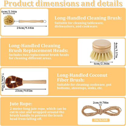 9 Pcs Bamboo Dish Brush Set Wooden Dish Brush with Sisal and Palm Fiber Natural Wooden Kitchen Brushs Practical Dishs Cleaning Brushs Sets for Pots Pans Bottle Sink Vegetables Household Cleaning