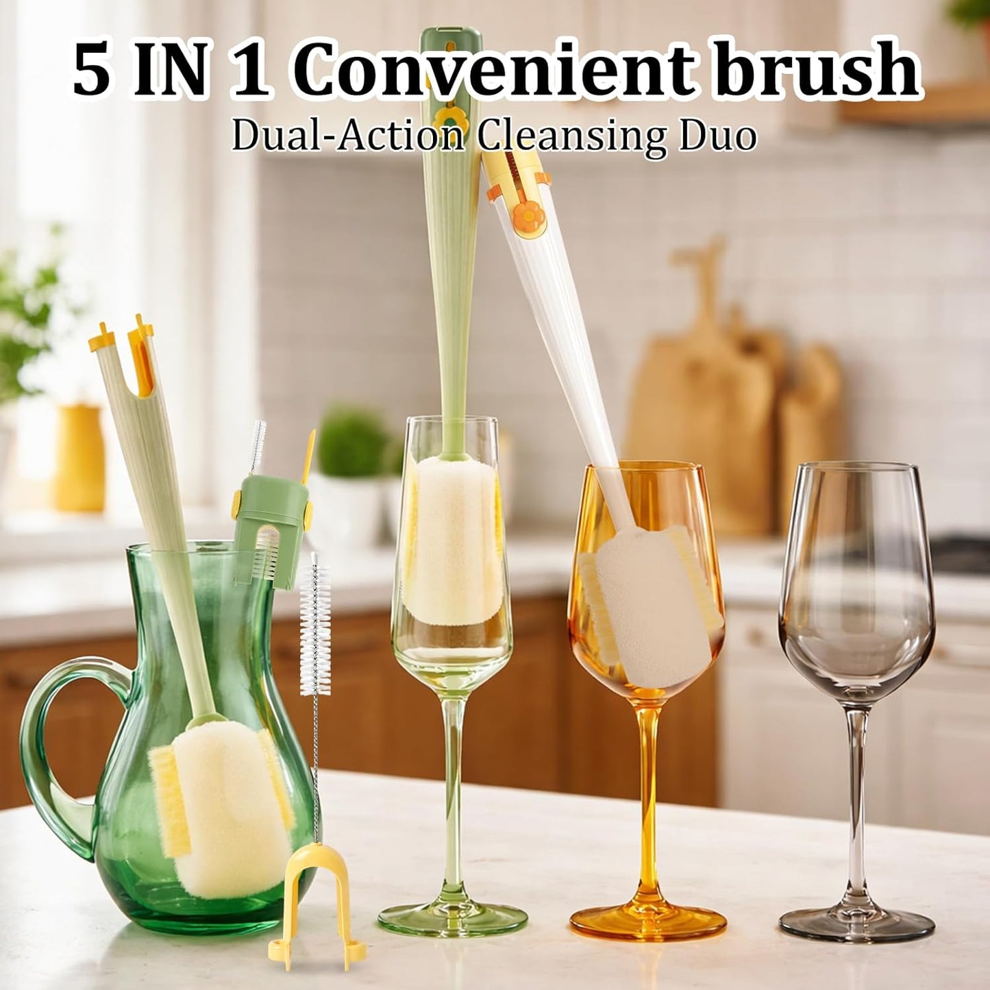 2 PCS 5 in 1 Bottle Cleaning Brush, Multifunctional Cleaning Brush, Deep Clean Narrow Bottle Necks and Straws, Efficient Bottle Scrubber Brush for Home and Travel Use (Green and Yellow)