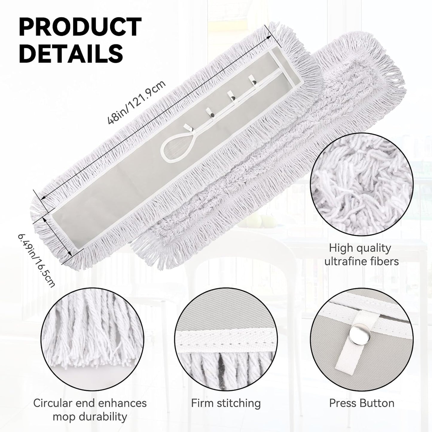 36 Inch Dust Mop Head: Replacement Medium Washable Commercial Mop Head Sweeper and Janitorial Replacement with Botton (White - 36 Inch, 3 Pack, Botton)