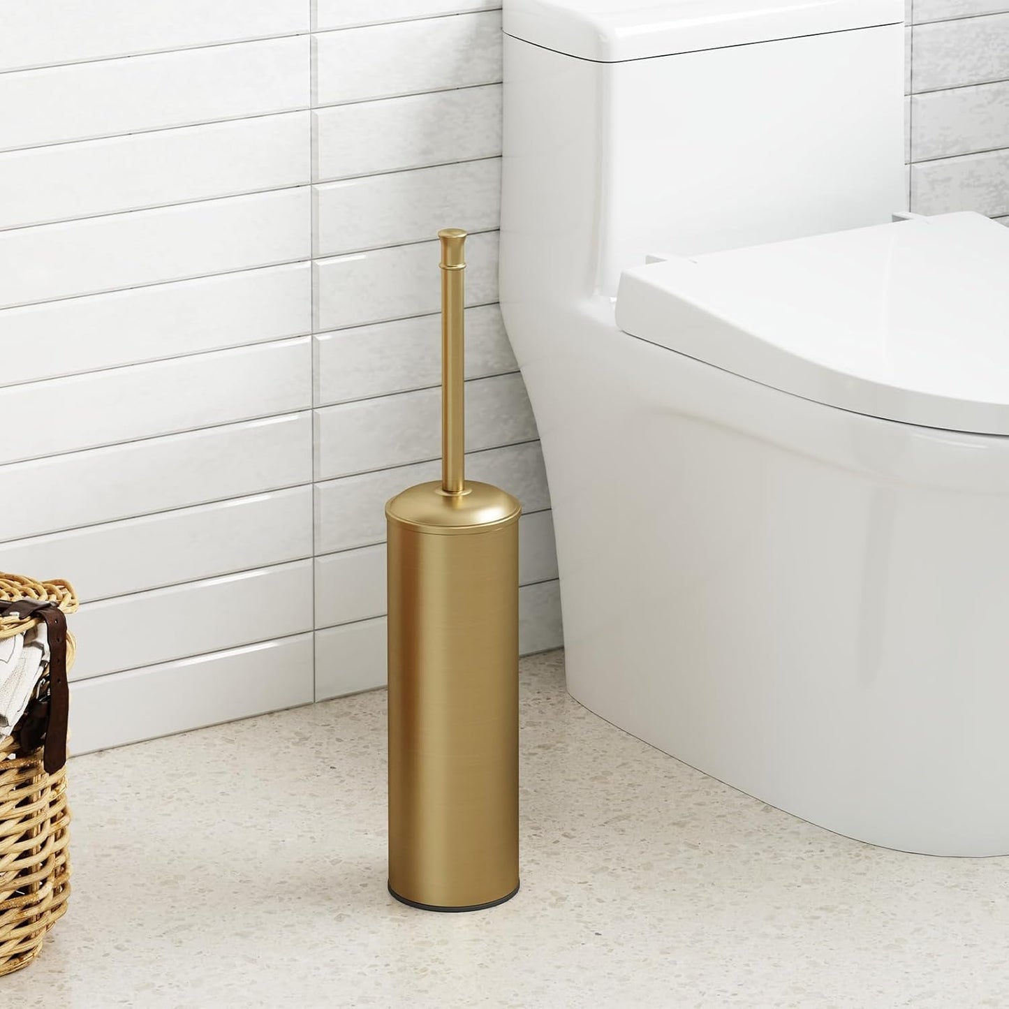 BESy Toilet Brush and Holder, Toilet Cleaner Bowl Set with Two Brush with Extra Long Handle, Durable Bristles Toilet Scrubber and Covered Holder, Drip-Proof Stainless Steel Oil Rubbed Bronze