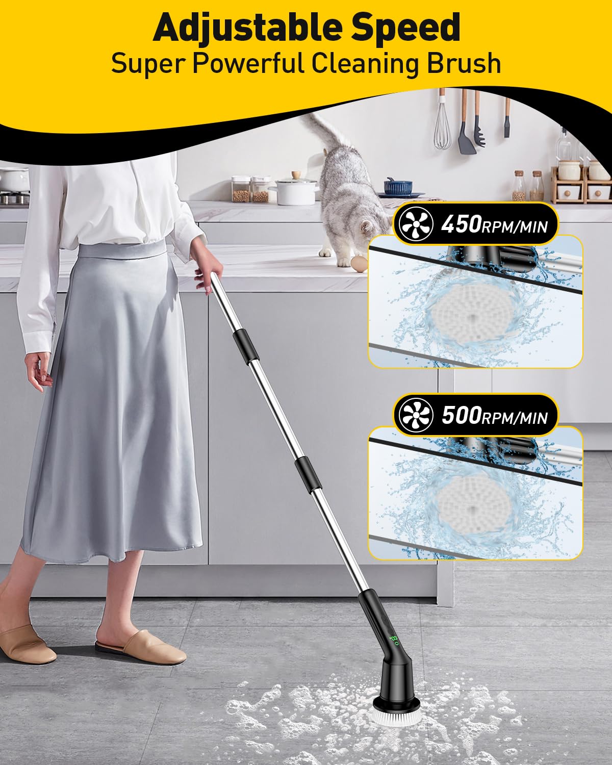 Electric Spin Scrubber for Cleaning Bathroom, Shower Scrubber Cordless Cleaning Brush with IPX7 Waterproof & 2 Speed, 3 Brush Heads, Bathroom Cleaning Supplies for Shower Tub Kitchen Tile Toilet White