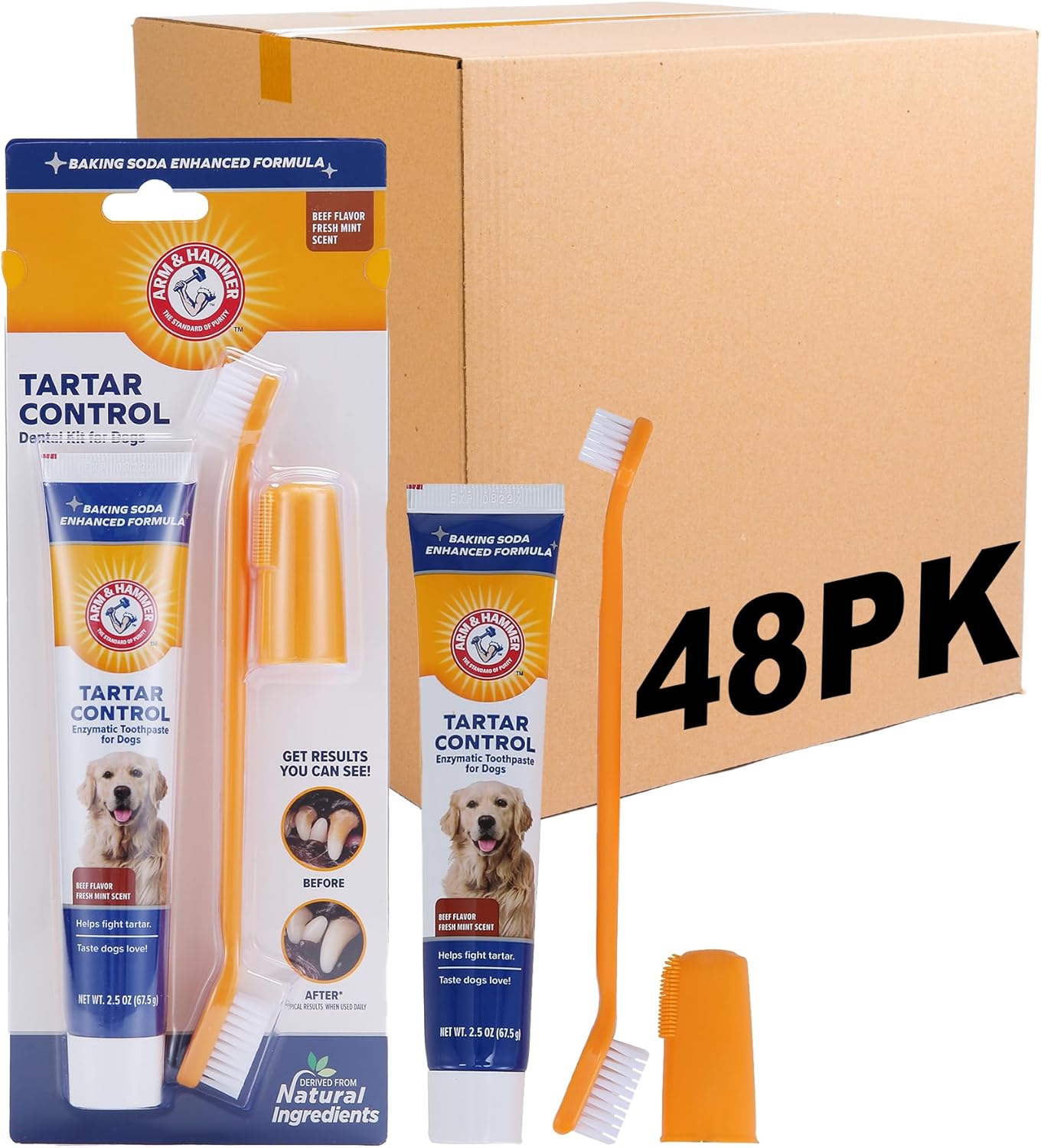 Arm & Hammer for Pets Tartar Control Dog Dental Kit, Enzymatic Toothpaste with Toothbrush and Fingerbrush, Baking Soda Formula Reduces Plaque and Tartar, Safe for Puppies, Beef Flavor, 3-Piece