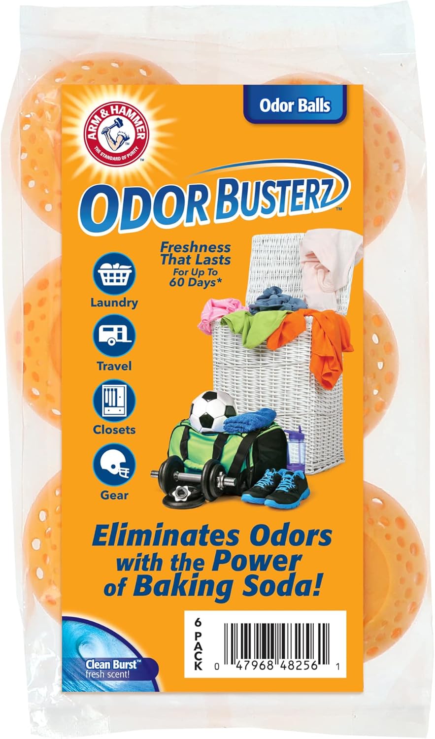 Arm & Hammer OdorBusterz® Odor Eliminator Balls, Clean Burst, 10 Count – Baking Soda Odor Control for Closets, Drawers, Hampers & Small Spaces