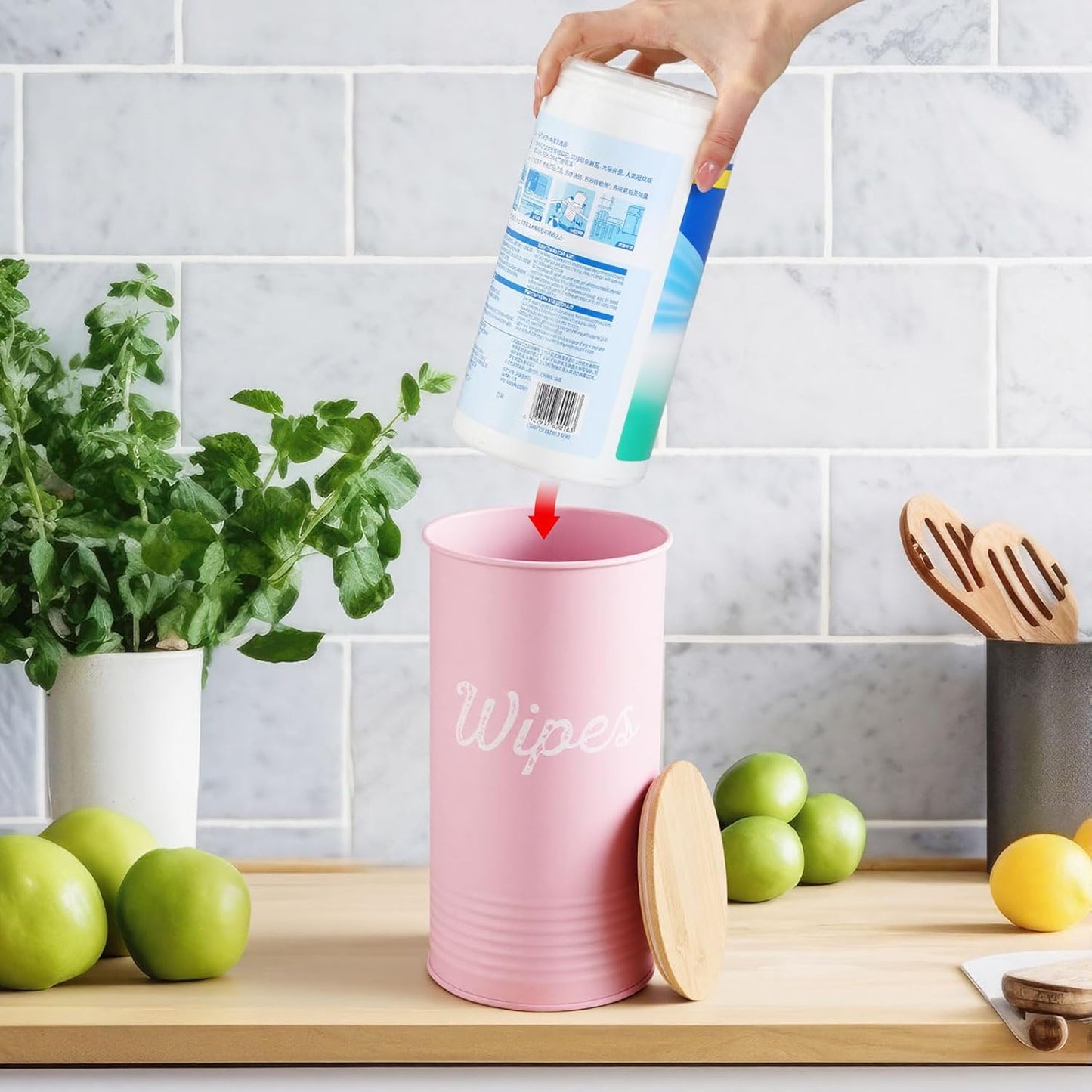 Wipe Holder with Bamboo Lid for Kitchen Disinfectant Wipes Dispenser Farmhouse Countertop Sanitizing Wipe Metal Storage Container Organizer Caddy Bathroom Office up to 80 Cont(Pink)