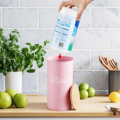 Wipe Holder with Bamboo Lid for Kitchen Disinfectant Wipes Dispenser Farmhouse Countertop Sanitizing Wipe Metal Storage Container Organizer Caddy Bathroom Office up to 80 Cont(Pink)