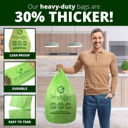 Simply Bio 13 Gallon Compostable Trash Bags Liners Drawstring, Heavy Duty Extra Thick 1 Mil, 49.21 Liter, 30 Bags, Tall Kitchen Food Scrap Waste Bag, ASTM D6400, US BPI and OK Compost Home Certified
