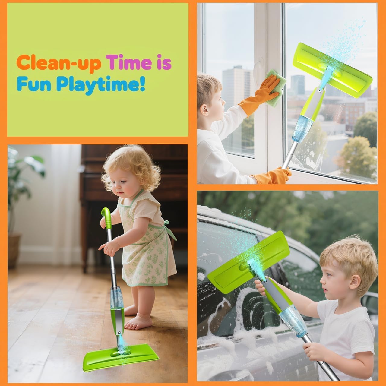 Kids Spray Mop Fun&Functional Toddler Cleaning Set Kids Mop with Real Water Sprayer Bottle Washable Pads Pretend Play Montessori Housekeeping Gifts for Toddlers Kids Girls Boys(Green)