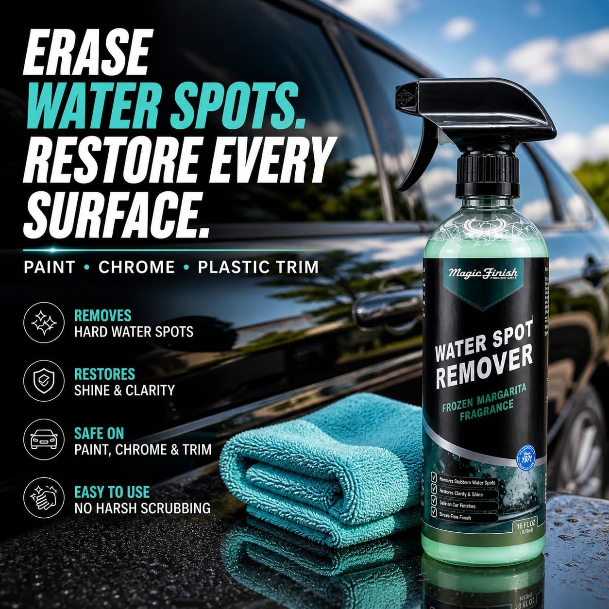 Magic Finish Water Spot Remover for Cars – Professional Hard Water Stain & Mineral Deposit Remover for Paint, Chrome & Wheels – Restores Shine & Gloss – Frozen Margarita Scent – 16oz