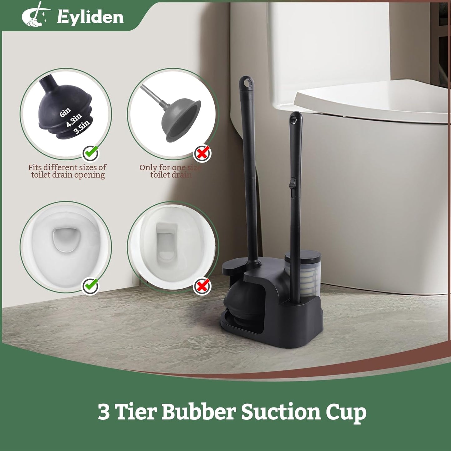 Eyliden Toilet Brush and Plunger Combo Set | 2-in-1 Disposable Toilet Bowl Wand Kit with 10 Refill Heads, Toilet Plunger, Compact Storage Holder | Bathroom Cleaning System for Home, White