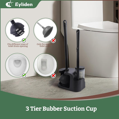 Eyliden Toilet Brush and Plunger Combo Set | 2-in-1 Disposable Toilet Bowl Wand Kit with 10 Refill Heads, Toilet Plunger, Compact Storage Holder | Bathroom Cleaning System for Home, White