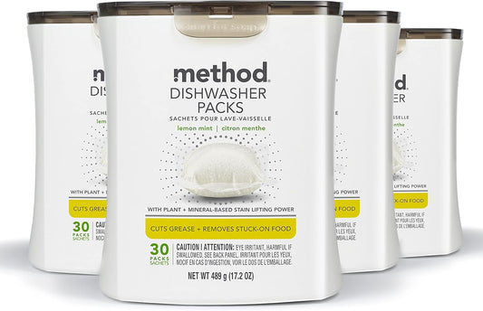 Method Dishwasher Detergent Packs, Lemon Mint, Dishwashing Rinse Aid to Lift Tough Grease and Stains, 30 Dishwasher Tabs per Package, (Pack of 4)
