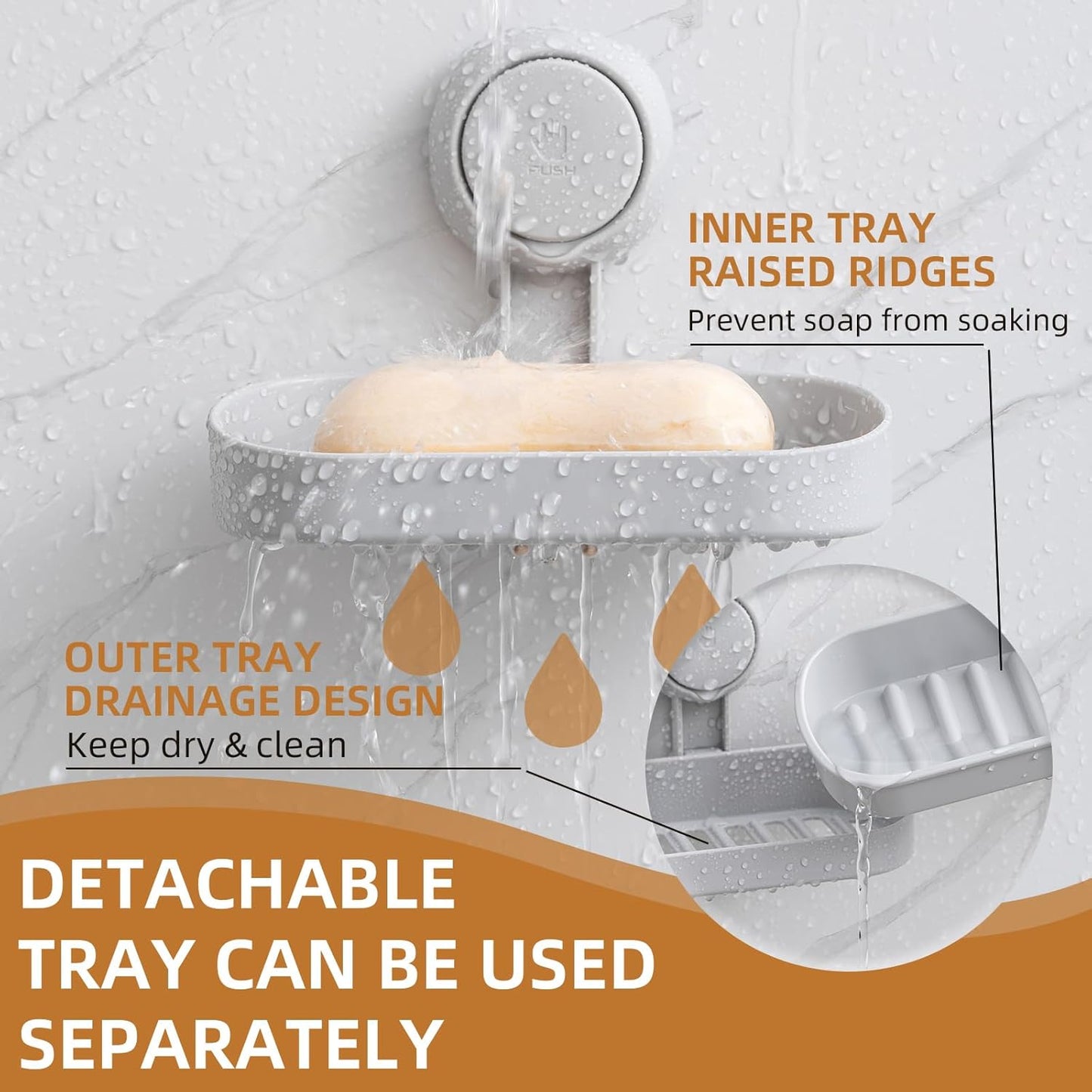 LEVERLOC Soap Holder Shower with Hooks, Bar Suction Cup Soap Dish Tray for Wall, Rust-Proof Stainless Steel Sponge Caddy for Bathroom Accessories Organizer Bathtub Kitchen Sink, Black