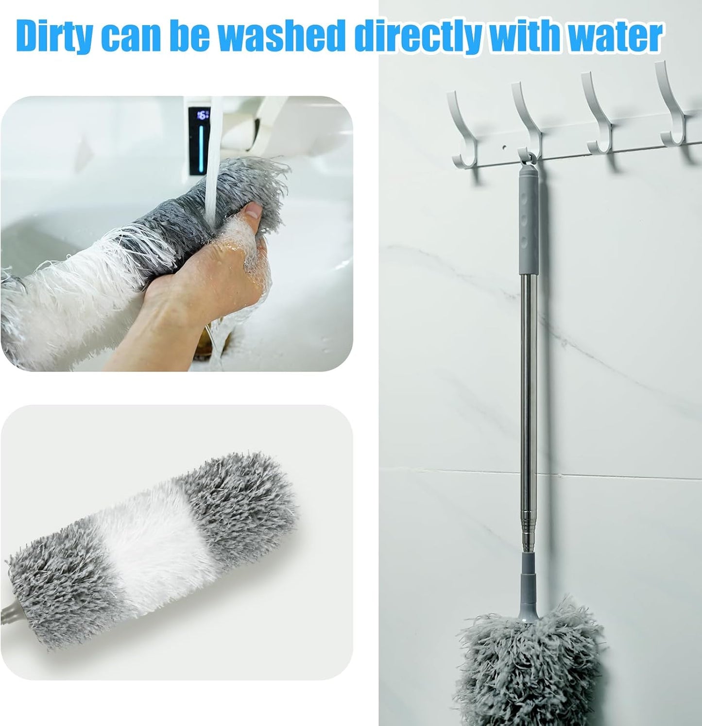 Microfiber Feather Duster, 110 Inch Extendable Telescoping Pole Duster with Bendable Washable Head, Long Handle Cleaning Duster for Ceiling Fan, High Ceiling, Blinds, Furniture and Cars(Gray)