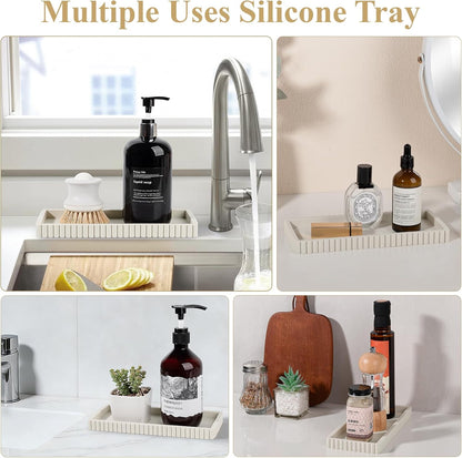 Silicone Bathroom Tray Small Vanity Organizer Rectangle Sink Caddy Sponge Holder Kitchen Counter Decor for Dish Soap, Perfume, Candle, Beige
