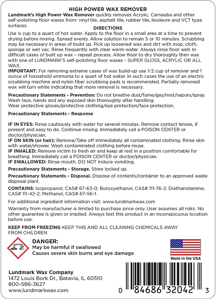 Lundmark High Power Wax Remover, Commercial Strength Floor Wax Stripper, 32-Ounce, 3204F32-6, Clear (LUN-3204F32-6)