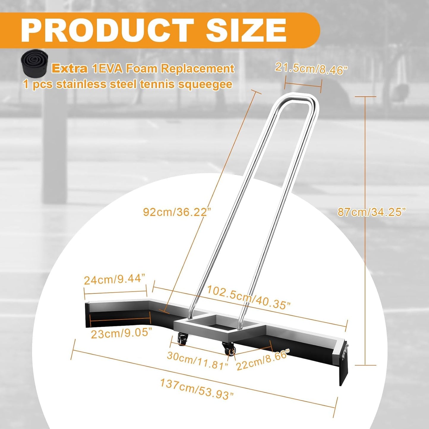 4.5FT Sport Tennis Court Squeegee Floor Squeegee Heavy Duty Commercial Squeegee for Floors with 2PCs EVA Foam Blade- Stainless Steel Silver