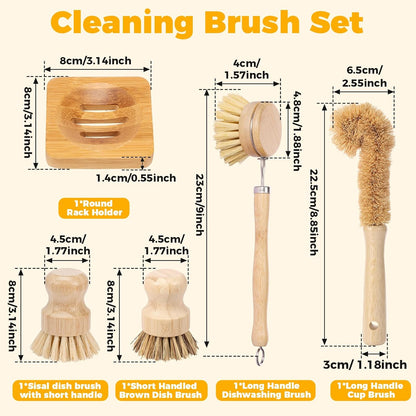 Bamboo Dish Brush Set, 5 Pcs Wooden Kitchen Scrubber – Long Handle Dish & Cup Brush, Short Handle Sisal & Coarse Brown Brush, Includes Square Tray, Ergonomic Natural Cleaning Kit for Pots Pans Bottles