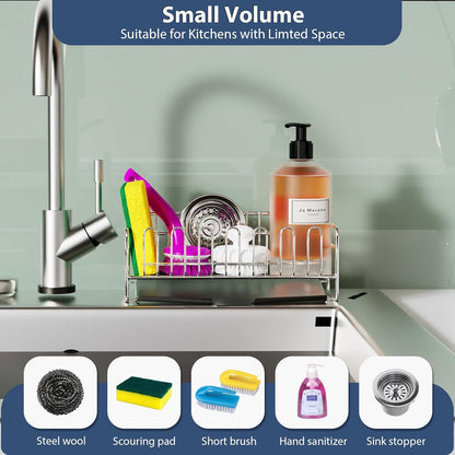 KABUM 304 Stainless Steel Sponge Holder for Kitchen Sink, Compact Sink Caddy with 4 Non-Slip Silicone Pads, Easy to Clean Rustproof 304 Steel, Kitchen Essentials, No-Tools Design (8.27x2.95x3.43)