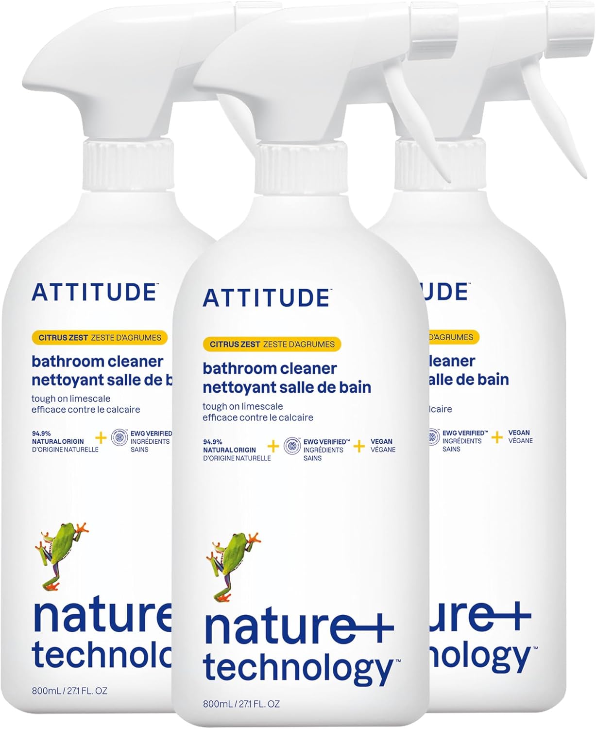 ATTITUDE Bathroom Cleaner Spray, Natural Origin Ingredients, EWG Verified, Eliminates Soap Scum, Limescale, Streak Free, Lemon & Rosewood, 26 Fl Oz