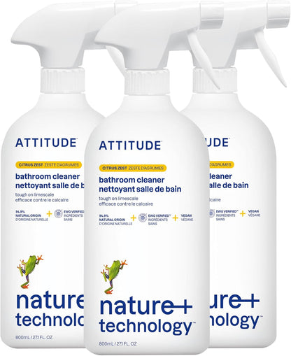 ATTITUDE Bathroom Cleaner Spray, Natural Origin Ingredients, EWG Verified, Eliminates Soap Scum, Limescale, Streak Free, Lemon & Rosewood, 26 Fl Oz
