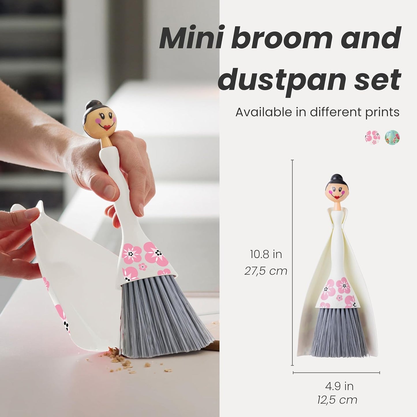 Vigar Mini Broom and Dustpan Set - Small Broom and Dustpan, Hand Broom for Desk, Kitchen, Car, Crumb Brush for Dust & Pet Hair, Decorative Doll Design, Portable Dust Pan Brush for Indoor - Turquoise