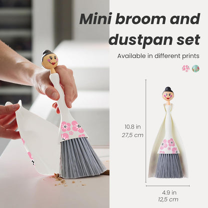 Vigar Mini Broom and Dustpan Set - Small Broom and Dustpan, Hand Broom for Desk, Kitchen, Car, Crumb Brush for Dust & Pet Hair, Decorative Doll Design, Portable Dust Pan Brush for Indoor - Turquoise
