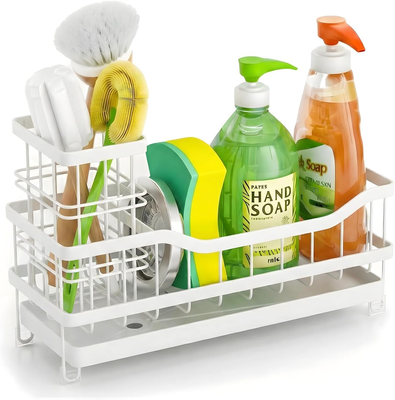 Sponge Holder for Kitchen Sink, Self-Draining Sink Caddy Organizer with Removable Brush Holder, Rustproof Metal Sponge Rack for Countertop, Fits Soap Dispenser & Scrubber, Black