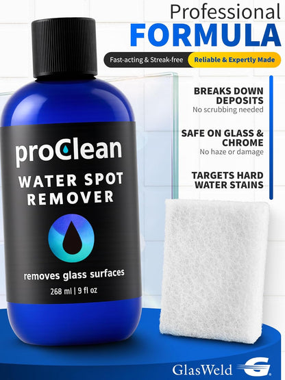 GlasWeld ProClean Hard Water Stain Remover for Glass & Metal – Non-Acid Water Spot Remover with Applicator Pad for Glass, Car Windshield, Shower, Mirror & Boat Windows - Bathroom Cleaning Supplies