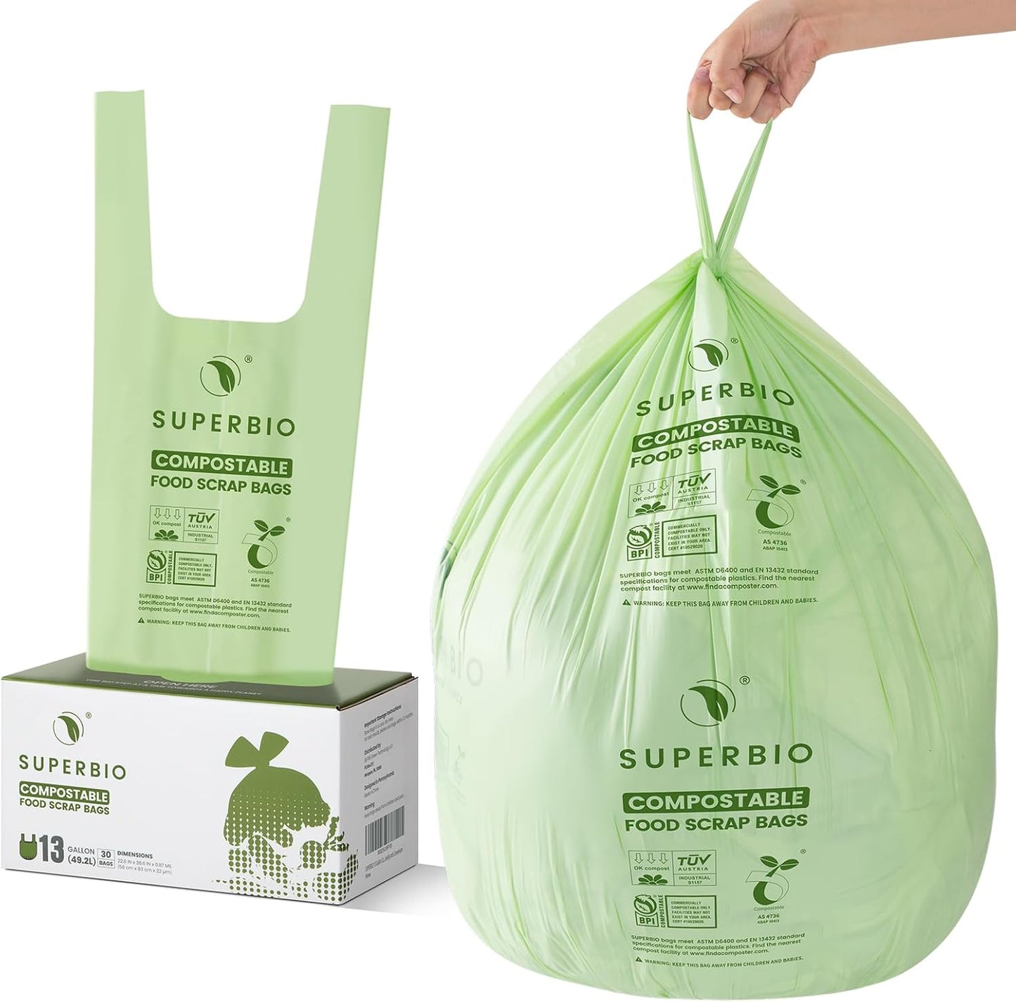 SUPERBIO 1.6 Gallon Handle Tie Compostable Food Scrap Bags For Counter Top Compost Bin, Small Compost Bags, 50 Count, 6 Liter, BPI & OK compost INDUSTRIAL Certified