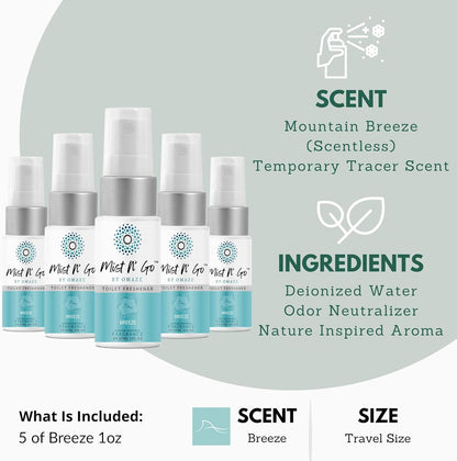 Mist N’ Go by Omaze Travel Bathroom Spray for Toilet Spray Odor Eliminator - Travel Toilet Spray for Bathroom Air Freshener Spray for Bathroom Deodorizer - Clean Mix, Travel Size (1oz x2)