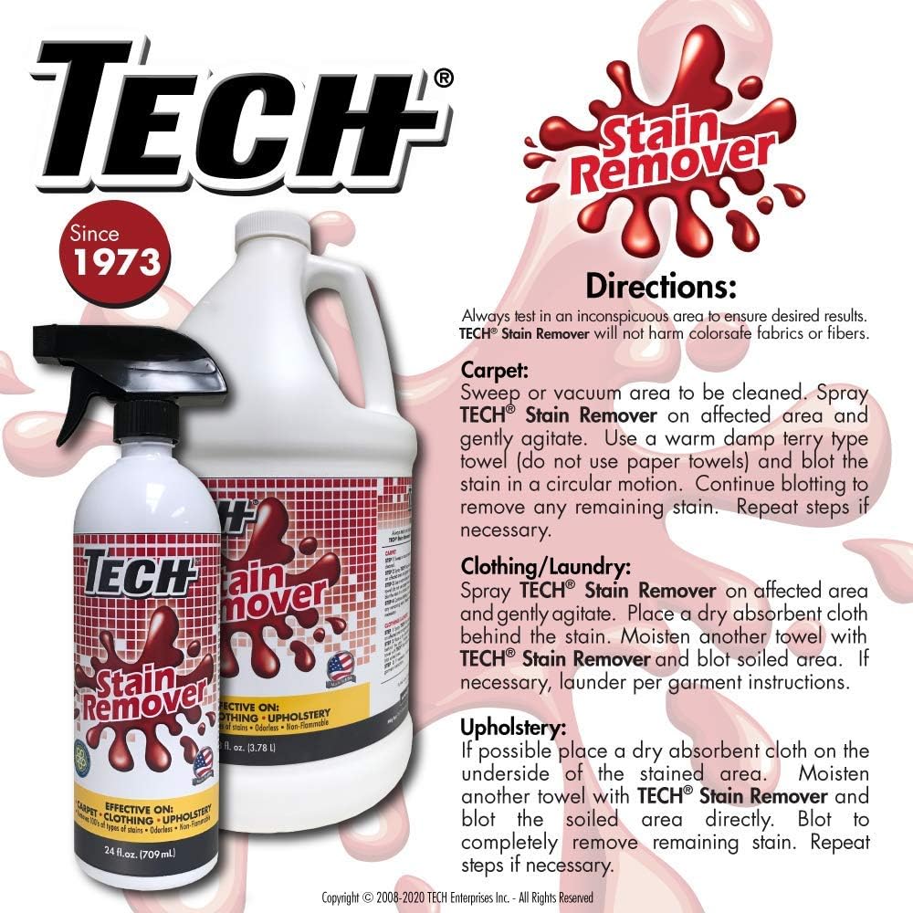 TECH Stain Remover, 24 oz Spray Bottle, 2-Pack, For Carpet, Clothes, Upholstery, and Other Fabrics