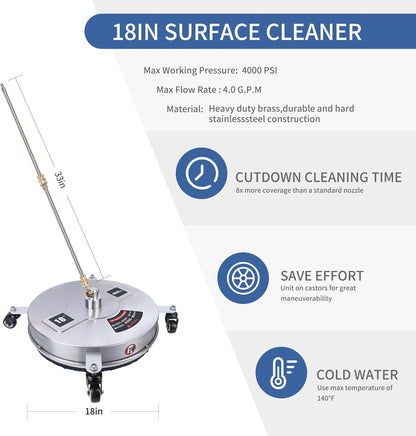 Biswing 14" Pressure Washer Surface Cleaner with 4 Wheels, Stainless Steel Power Washer Accessory for Driveways Sidewalks Patios Cleaning, 1/4" Quick Connector, 2 Extension Wand Attachments, 4000 PSI