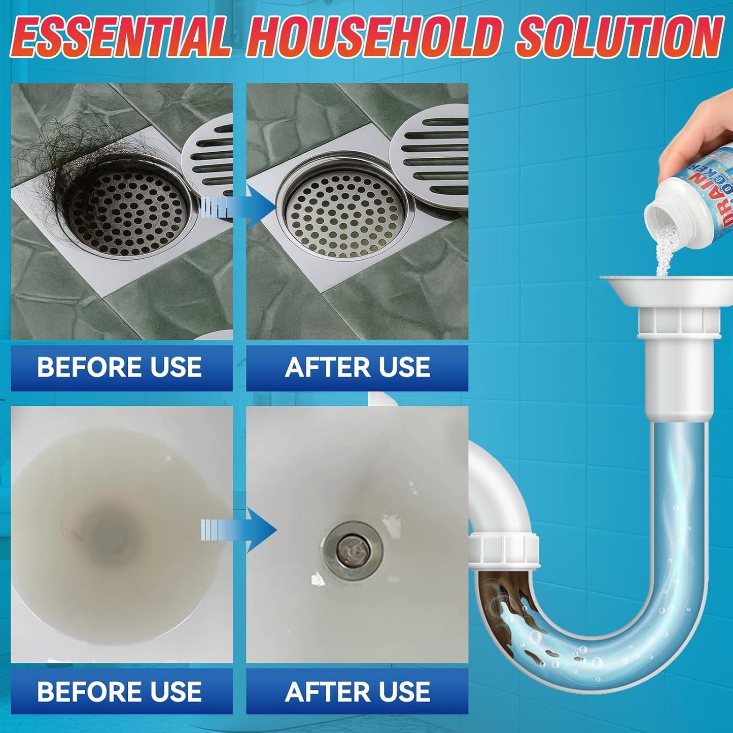 Drain Clog Remover, Powerful Sink Drain Cleaner Powder, Fast Removes Clogs, Hair, Grease & Soap Scum, for Pipes Home Use (260g)